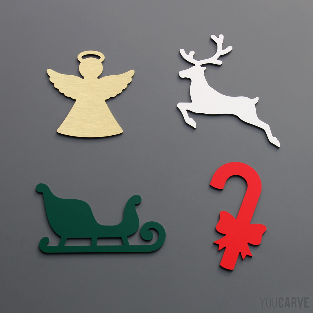 Décorations de Noël en formes d’ange, renne, traineau, sucre d'orge découpées, en aluminium-composite (ép. 3mm).
