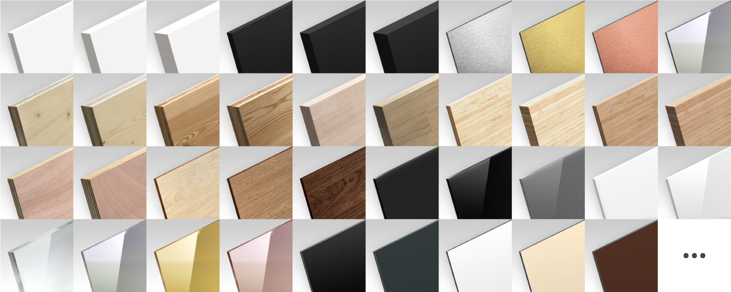 A color chart of a large part of the materials offered by Youcarve for the manufacture and online sale of cut-out letters