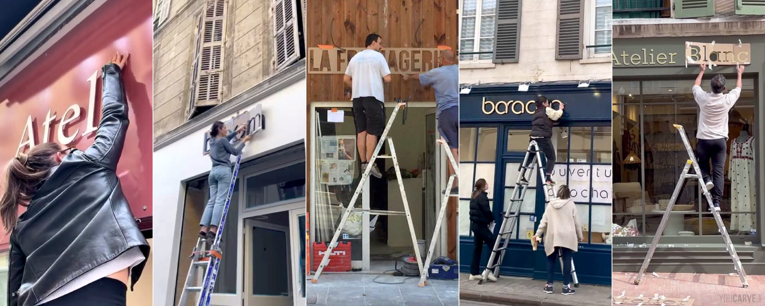 Collage of several photos showing shopkeepers installing their signs themselves with relief letters and installation templates provided by Youcarve