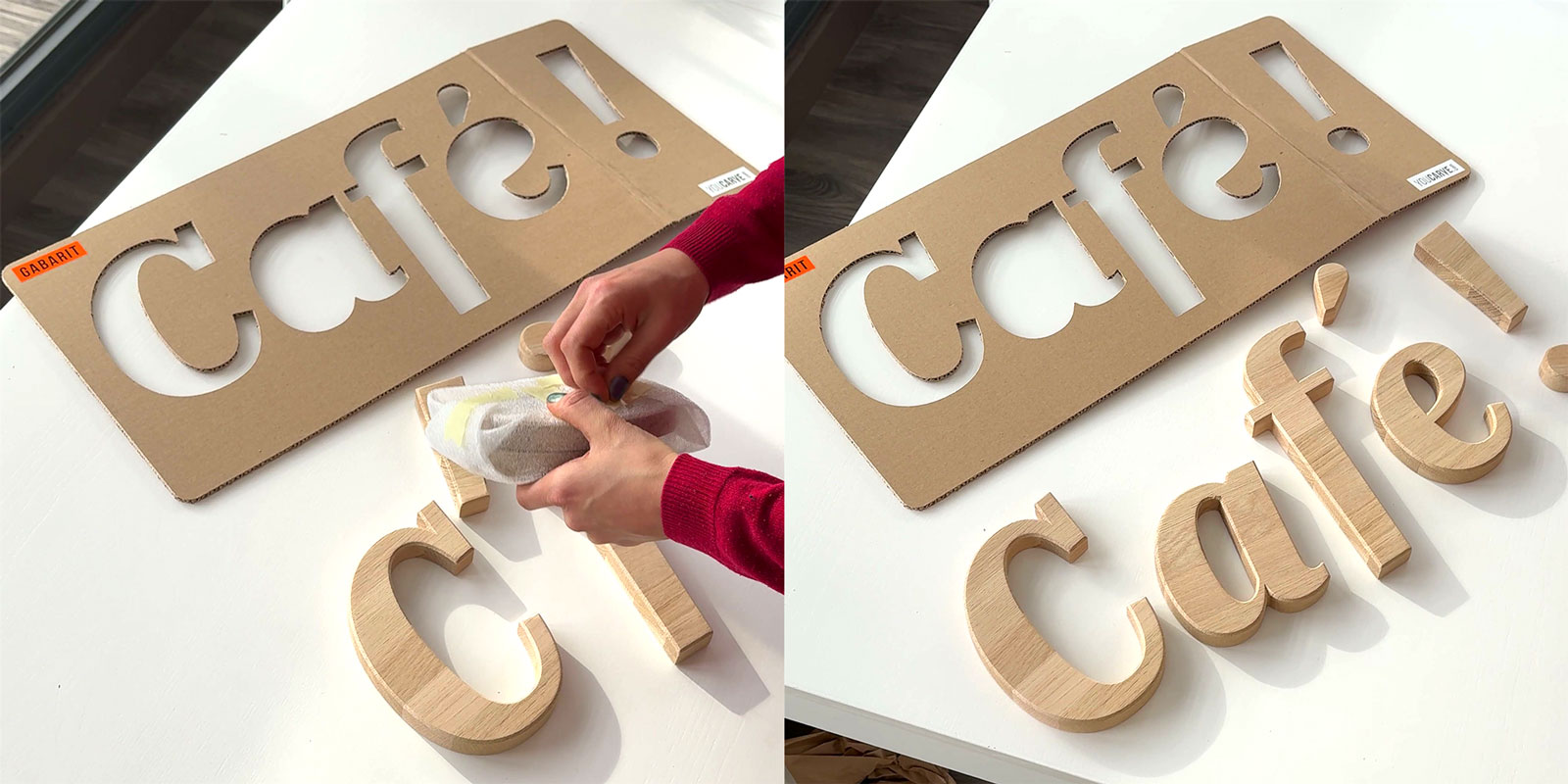Unpacking and spreading out the wooden letters and the template