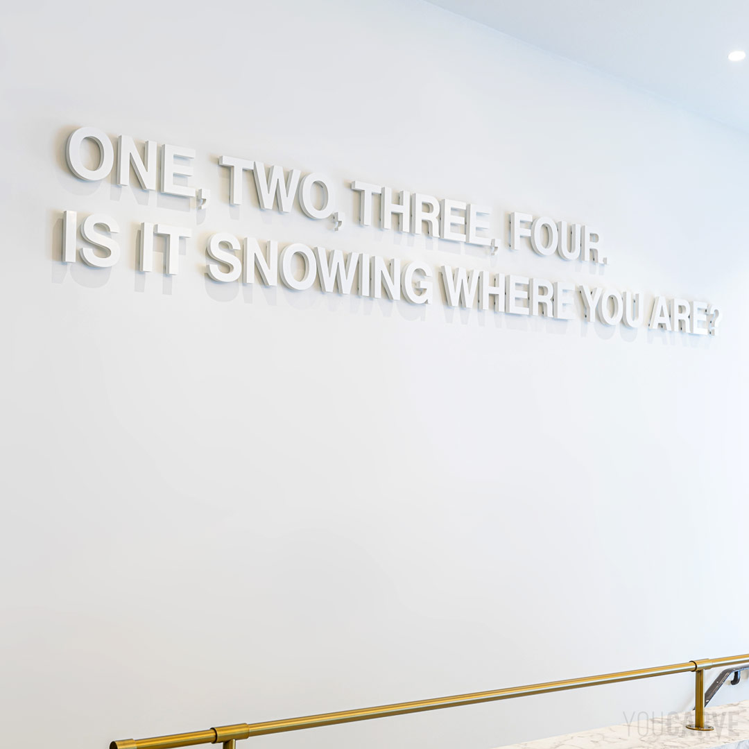 Création murale par l’artiste Julien Nedelec pour l’accueil du Pley Hôtel à Paris, lettres découpées en PVC expansé blanc épaisseur 19 mm, fixation sur entretoises avec gabarit de perçage.