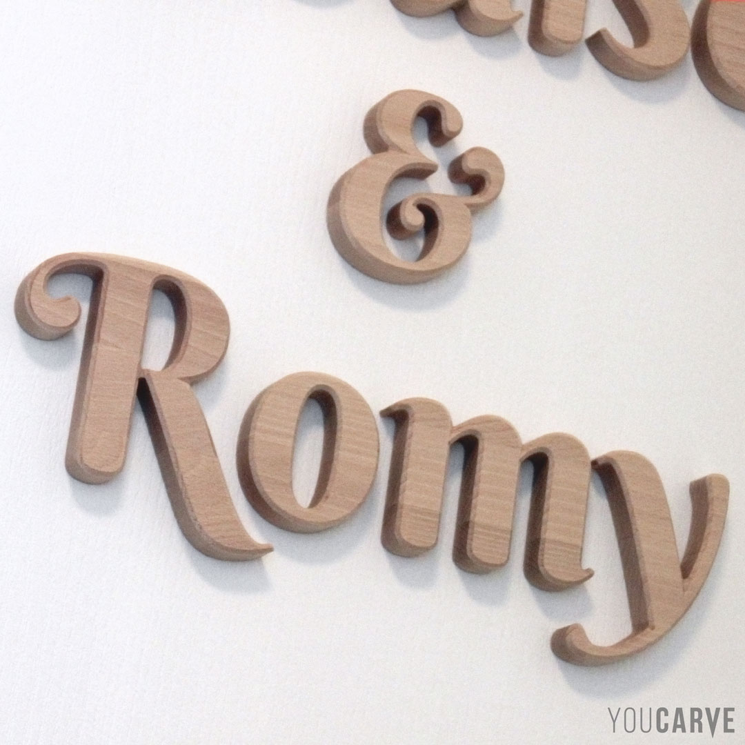 Louise & Romy, prénoms pour décoration de chambre d’enfant, lettres découpées en bois (hêtre lamellé-collé épaisseur 19 mm), fixation mousse-double-face facile avec gabarit de positionnement.