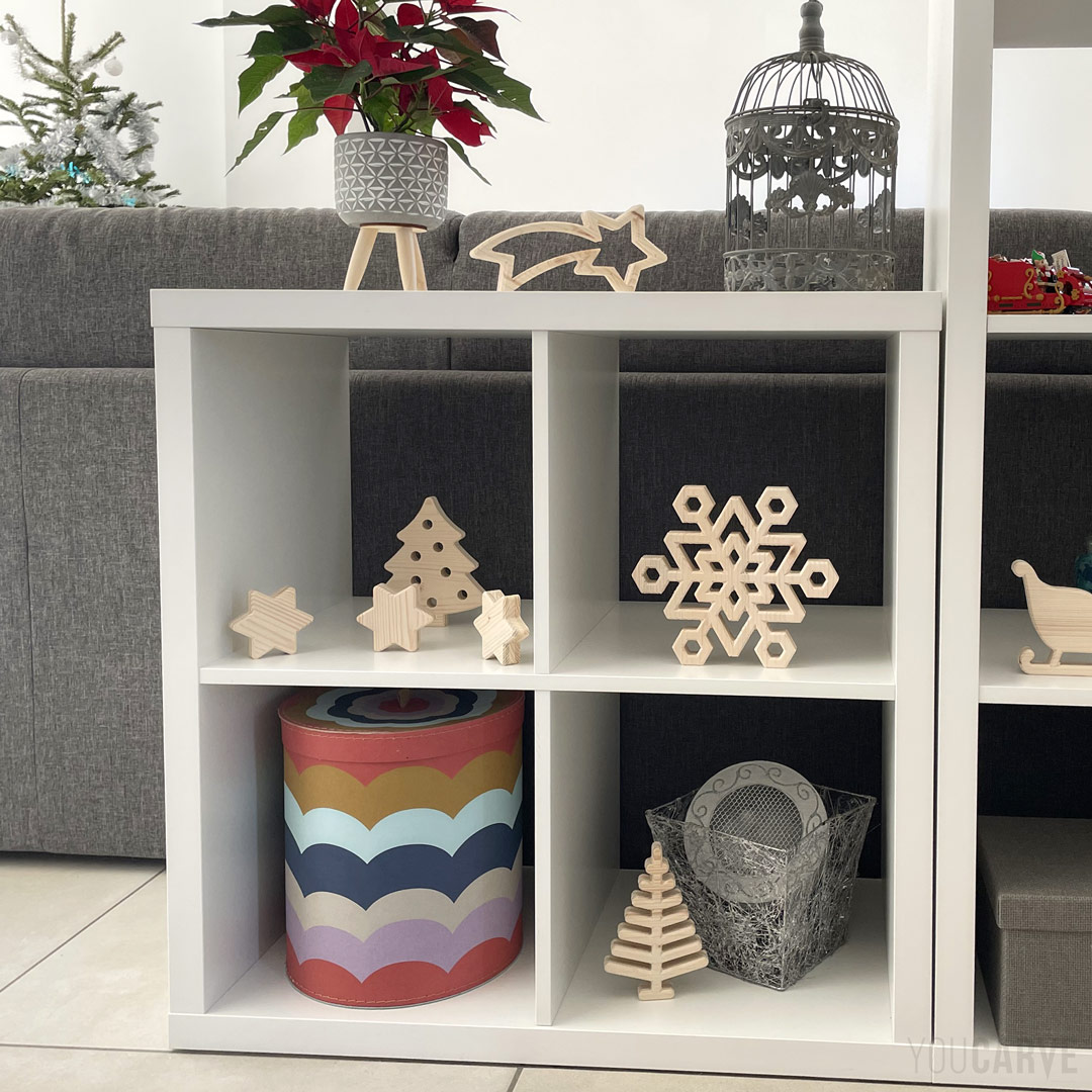 Décorations d’intérieur en bois pour noël, formes de sapin, étoiles et flocons, découpées en épicéa (épaisseur 19 mm)