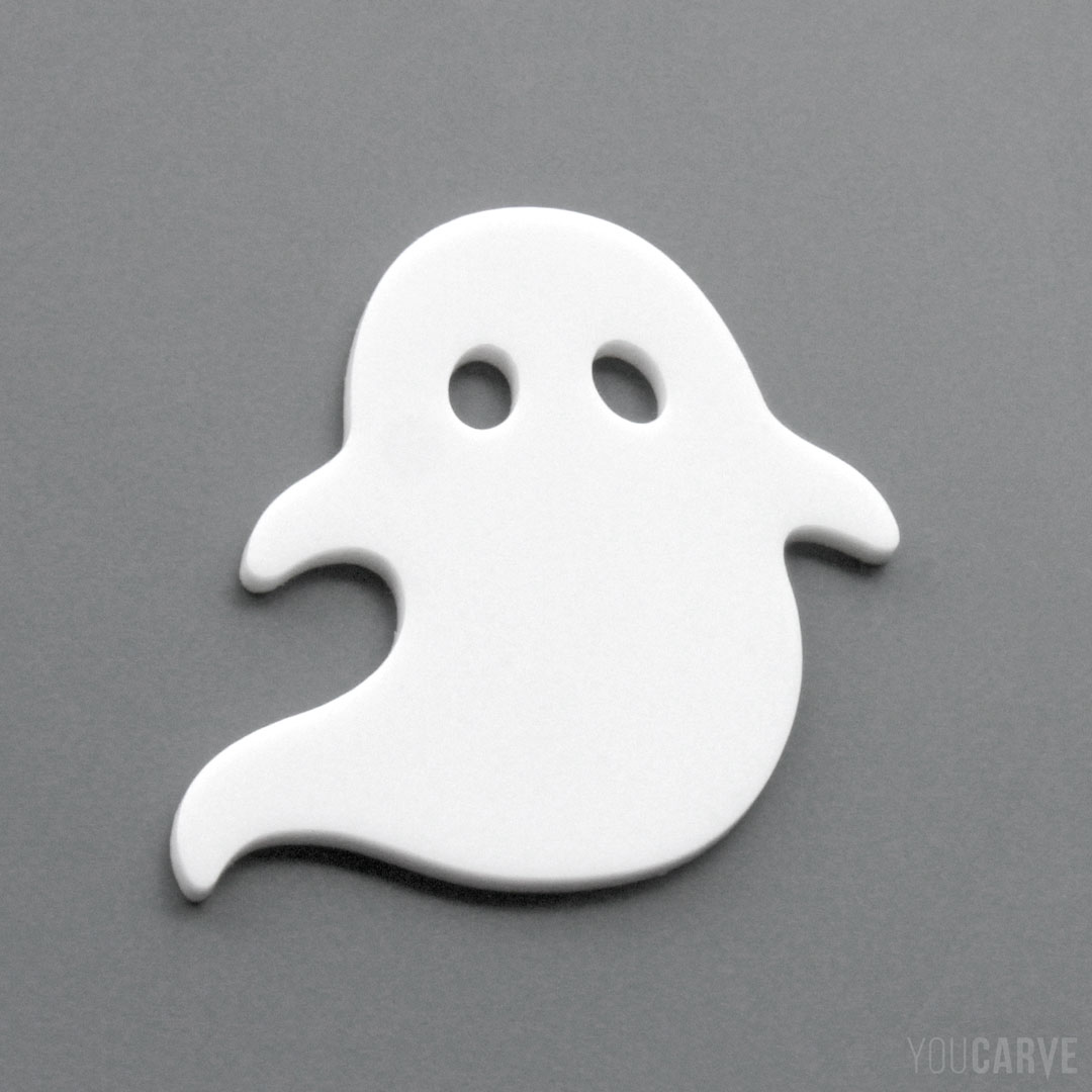 Pictogramme de fantôme en plexi (PMMA blanc mat épaisseur 3 mm), pour l’enseigne, la signalétique et la décoration.