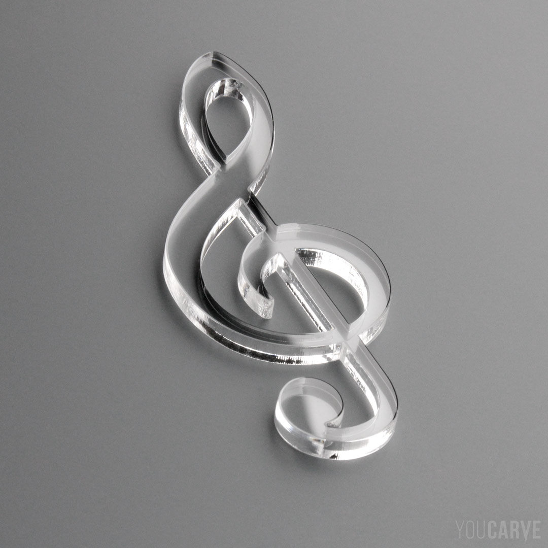 Pictogramme de la clef de sol en plexi (PMMA transparent brillant épaisseur 5 mm), pour l’enseigne, la signalétique et la décoration.