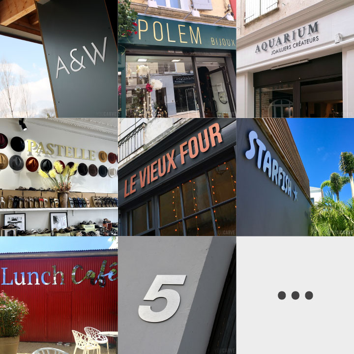 Mosaïque de photos d'enseignes et signalétiques avec lettrages en alu-dibond