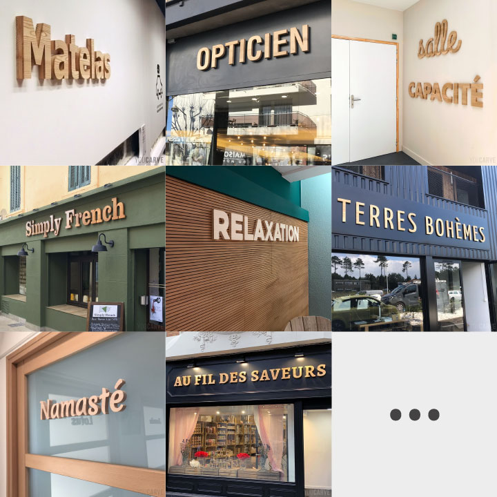 Mosaïque de photos d'enseignes et signalétiques avec lettrages en bois