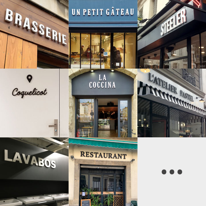 Mosaïque de photos d'enseignes et signalétiques avec lettrages en PVC