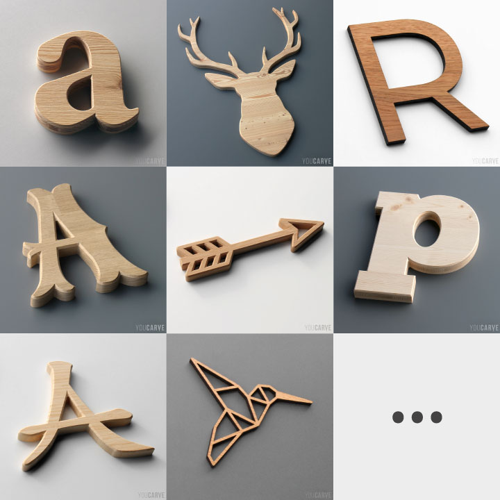 Mosaïque de photos de lettres et formes en bois